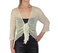 Mimosa Señoras Mujeres Crochet Bolero Brillo y Liso de Encaje Elastico Cardigan Abierto (Talla única, White/Gold)