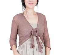 Mimosa Señoras Mujeres Crochet Bolero Brillo y Liso de Encaje Elastico Cardigan Abierto (Talla Unica ES 36-44, Dark Tan)