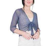 Mimosa Señoras Mujeres Crochet Bolero Brillo y Liso de Encaje Elastico Cardigan Abierto (Talla Unica ES 36-44, Denim Blue)
