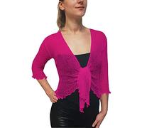 Mimosa Señoras Mujeres Crochet Bolero Brillo y Liso de Encaje Elastico Cardigan Abierto (Talla Unica ES 36-44, Hot Pink)