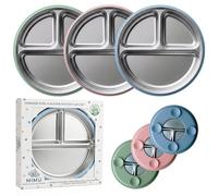 MIMÜ 3 Platos de Acero Inoxidable con Ventosa para Bebé - Base de Silicona Antideslizante Sin BPA - Platos Divididos para Alimentación Autónoma (Azul, Verde y Rosa)