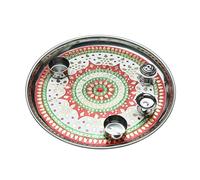 Minakari Pooja Thali Plate Platter Engagement Decorative Steel Puja Thali with Essential Pooja Articles Aarti Rituals Navratri Pooja Indian Traditional Festival Diwali Decorations Wedding (Size-11")