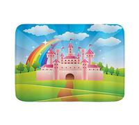 Minalo Alfombra de baño antideslizante, dibujos animados castillo de cuento de hadas arco iris nubes en verano cielo colorido ilustración colorida decoración personalizada alfombra de baño, 75 x 45 cm