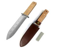 Minamino Cuchillo de jardín Hori Hori, herramienta de jardinería ideal para deshierbar, cavar, cortar, plantar, paisajismo y más, con una funda de cuero gruesa y una piedra de afilar