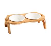 MINAOLULUS Cuenco Elevado para Gatos de Cerámica, Doble Tazón Soporte de Madera, Bebedero y Comedero Inclinado para Mascotas, Protector de Cuello para Alimentación Ergonómica, Adecuado