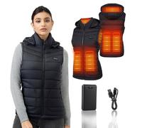 Mincoo Chaleco Calefactable Mujer: Chaleco Calefactable con Capucha Ropa Calefactable Mujer Chaleco Calefactor con Batería 7.4V 16000mAh (FR/ES, Letras, L, Regular, Regular, Negro)