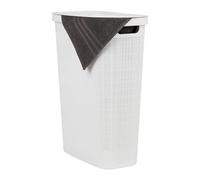 Mind Reader Cesta para ropa estrecha de 40 l, con tapa, diseño tipo lino, plástico, 47 x 27,3 x 59,7 cm (largo x ancho x alto), blanco