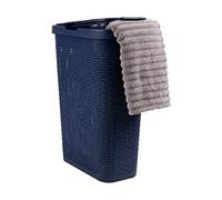 Mind Reader Cesto delgado para la ropa sucia de 40 L, con tapa, diseño de mimbre, plástico, 45.7 cm de largo x 26.4 cm de ancho x 59.9 cm de alto, color azul marino