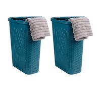 Mind Reader Cesto delgado para la ropa sucia de 40 L, con tapa, diseño de mimbre, plástico, 45.7 cm de largo x 26.4 cm de ancho x 59.9 cm de alto, juego de 2, color azul