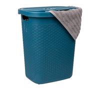 Mind Reader Cesto delgado para la ropa sucia de 50 L, con tapa, diseño de mimbre, plástico, 44 cm de largo x 34 cm de ancho x 53 cm de alto, color azul