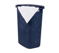 Mind Reader Cesto para ropa sucia estrecho, 60 L, con tapa, diseño de mimbre, plástico, 44,9 x 34,9 x 61,3 cm (largo x ancho x alto), color azul marino