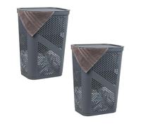 Mind Reader Juego de 2 cestas delgadas para la ropa sucia de 60 L, con tapa, ventiladas, de plástico, 43 cm de largo x 34 cm de ancho x 50 cm de alto, color gris