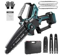 Mindmed Mini motosierra sin escobillas, batería de 15 cm, 600 W, compatible con Makita 18 V, con 2 cadenas, 2 placas guía, guantes y caja de almacenamiento