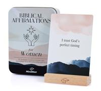 MindMint Tarjetas de afirmación bíblica para mujer, 50 tarjetas de versículos de la Biblia en caja de lata con soporte de madera, Escritura diaria para aliento, oración y reflexión, regalos cristianos