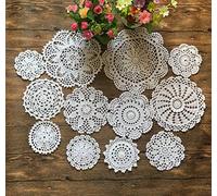 MINDPLUS 12 Piezas Tapetes de Encaje de Algodón Mantel Redondo de Ganchillo Posavasos de Encaje Hechos a Mano Tapetes de Ganchillo Vintage para Cocina Fiesta Boda Vajilla 10 a 25cm (Blanco)