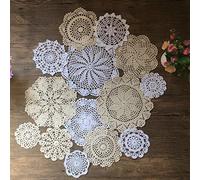 MINDPLUS 14 PiezasTapetes de Encaje de Algodón Mantel Redondo de Encaje de Ganchillo Posavasos de Encaje Hechos a Mano Tapetes de Ganchillo para Cocina Fiesta Boda Vajilla 10 a 25cm (Blanco y Beige)
