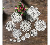 MINDPLUS Juego de 12 Tapetes de Ganchillo a Mano Tapetes de Encaje de Ganchillo de Algodón Mantel Individual de 2,5 a 20 cm Redondo Blanco Vintage Boda para Fiesta de té de (Blanco)