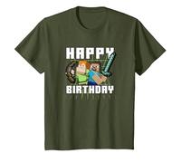 Minecraft Alex & Steve Happy Birthday Camiseta, Niños, Verde Oliva, 10 años