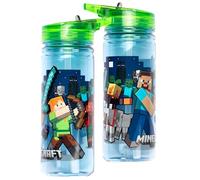Minecraft Botella de agua con pajita de 580 ml, 100 % a prueba de fugas, duradera, botella de agua escolar, plástico resistente y sin BPA, color azul oscuro