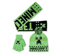 Minecraft Conjunto de gorro, guantes y bufanda para niño | Gorro de invierno con pompón de punto verde de talla única para niños | Guantes cálidos y bufanda con cara de personaje Creeper