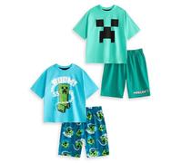 Minecraft Creeper Boys Paquete múltiple de 2 Conjuntos de Pijamas de Manga Corta | Pijamas de Dibujos Animados Azules y Verdes | Boom Diseño Gráfico | Ropa de Jugador para niños