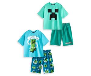 Minecraft Creeper Boys Paquete múltiple de 2 Conjuntos de Pijamas de Manga Corta | Pijamas de Dibujos Animados Azules y Verdes | Boom Diseño Gráfico | Ropa de Jugador para niños