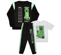 Minecraft Creeper - Conjunto de pantalones de 3 piezas para niños, conjunto de chándal con cremallera, camiseta de manga corta y pantalones deportivos activos, Negro/Blanco, 5-6