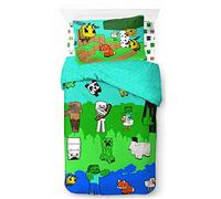 Minecraft El Creeper Modo Creativo Juego de Ropa de Cama infantil 3 Piezas 100% Algodón Cama Individual - Incluye Funda Edredon 135x200cm + Sabana Bajera 90x200cm + Funda de Almohada 50x70cm