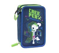 MINECRAFT - Estuche de 3 compartimentos para niña y niño con papelería escolar integrada y compartimentos para bolígrafos + bolígrafo borrable Frixion - Estuche escolar grande - Azul - 20 x 12 x 7 cm,