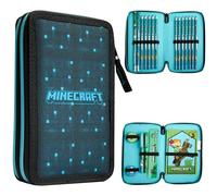 Minecraft Estuche de Lápices para Niños con Múltiples Compartimentos, Incluye Papelería - Material Escolar (Azul/Negro)
