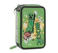 Minecraft - Estuche escolar oficial Minecraft, estuche con 3 compartimentos para niño y niña con juego de papelería, bolígrafos borrables Frixion y práctico cierre de cremallera, 20 x 13 x 7 cm, verde