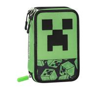 Minecraft - Estuche escolar oficial Minecraft, estuche con 3 compartimentos para niños y jóvenes con juego de papelería incluido, 5 etiquetas adhesivas portanombre y práctico cierre de cremallera, 13