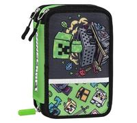 Minecraft - Estuche Escolar Oficial Minecraft, Estuche con 3 Compartimentos para niños y jóvenes con Juego de papelería Incluido, 5 Etiquetas Adhesivas portanombre y práctico Cierre de Cremallera, 13
