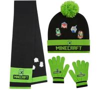 Minecraft Gorro Invierno Set de 2 o 3 Piezas, Gorro Pompón y Guantes con o sin Bufanda, Accesorios de Invierno, Regalos Niños (6-14 Años, Verde/Negro Minecraft, 3 Piezas)