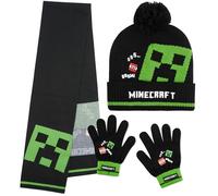 Minecraft Gorro Invierno Set de 2 o 3 Piezas, Gorro Pompón y Guantes con o sin Bufanda, Accesorios de Invierno, Regalos Niños (6-14 Años, Negro Minecraft, 3 Piezas)