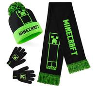 Minecraft Gorro Invierno Set de 2 o 3 Piezas, Gorro Pompón y Guantes con o sin Bufanda, Accesorios de Invierno, Regalos Niños (6-14 Años, Verde/Negro Creeper, 3 Piezas)