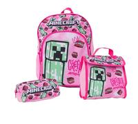 Minecraft Juego de 3 piezas, mochila, lonchera y estuche rosa