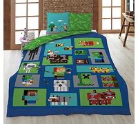 Minecraft Juego de cama reversible para niños de 135 x 200 cm y 80 x 80 cm, de calidad de polialgodón con cremallera, diseño de juegos verde con bloques de espada de píxeles, pico, animales