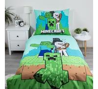 Minecraft - Juego de funda de edredón individual de 140 x 200 cm con funda de almohada grande de 70 x 90 cm, diseño épico "Mobs here" | Funda de edredón reversible de 2 caras, color verde, mercancía