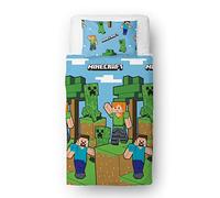 Minecraft Juego de Funda de edredón Oficial para Cama Individual, diseño épico, Reversible, Color Azul, 2 Caras, Producto Oficial, Incluye Funda de Almohada a Juego