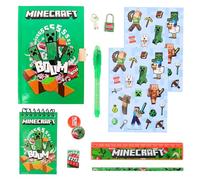 Minecraft Juego de Papelería, Incluye Regla Lapiz Boligrafo Pegatinas Goma de Borrar Sacapuntas Cuaderno y Candado con Llaves, Regalo Set de Papeleria para Niños