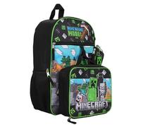 Minecraft - Mochila escolar (5 piezas, incluye bolsa para el almuerzo, estuche, llavero y mosquetón), diseño de moda aventura para niños