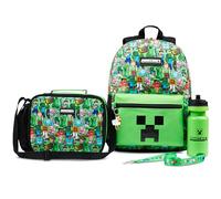 Minecraft Mochila Escolar Set de 5 Piezas Botella de Agua Bolsa Almuerzo Estuche Infantil Mochila Cuerdas o Llavero Correa con Cordón Material Escolar (Verde AOP)