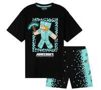 Minecraft Pijama Niño Corto, Conjunto Verano con Camiseta Niño y Pantalón Corto, Ropa de Dormir, Regalo para Gamer (Negro/Azul, 13-14 Años)