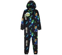 Minecraft Pijama Polar Entero con Capucha y Cremallera para Niño (AOP Negro, 5-6 Años)