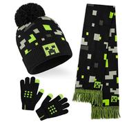 Minecraft Set de Invierno 3 Piezas, Gorro Pompón, Bufanda y Guantes para Niños (Negro/Verde, 4-7 años)