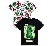 Minecraft T-Shirt 2 Pack Kids | Chicos Chicas Skeleton Boom Creeper Juego Personajes Blanco y Negro Top | Ropa de Manga Corta