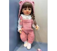 MineeQu 22 Pulgadas de Largo Cabello castaño Vinilo de Silicona Cuerpo Completo anatómicamente Correcto Realista Reborn Baby Doll Realista recién Nacido niño niña muñecas en Conjunto de Lana Rosa