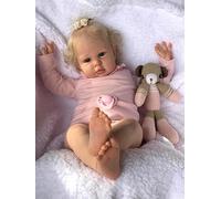 MineeQu Muñecas Reborn Bebe Realista 24 Pulgadas, Cabello Rubio y Ojos Azules, Toddler Neonato, Ropa Tricot Rosa, Set Regalo