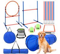 MINENICE Equipo de Entrenamiento de Agilidad para Perros, Vallas de túnel para Perros, 8 Postes de eslalon, Vallas de Altura Ajustable, Parque, Cuenco Plegable